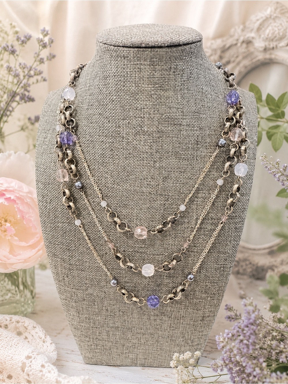 New York & Company Multi Strand Beaded Chain Necklace Purple Gray Silver Tone
